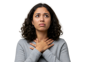 Worried Woman with Hands on Chest Expressing Concern isolated on transparent cutout background, cut out, png