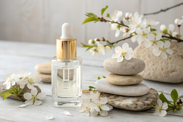 Glass bottle of cosmetic cream or lotion with golden cap, placed on stacked stones and decorated with white flowers. Natural skincare product presentation with minimalistic spa composition.