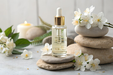 Glass bottle of cosmetic cream or lotion with golden cap, placed on stacked stones and decorated with white flowers. Natural skincare product presentation with minimalistic spa composition.