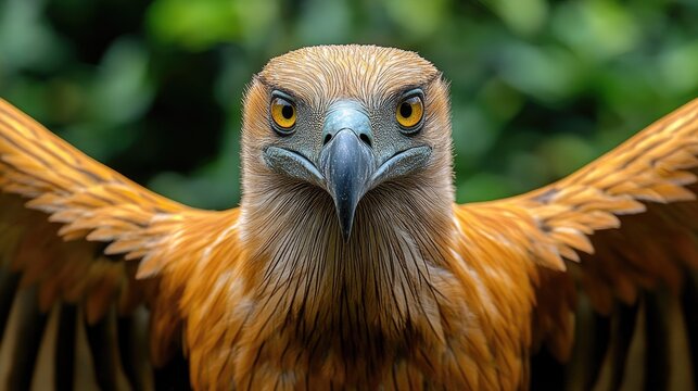 Close-up of a hawk with outstretched wings in a jungle setting
