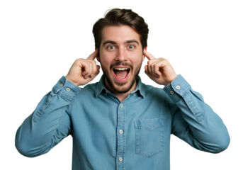 Excited young man plugging his ears and shouting isolated on transparent cutout background, cut out, png