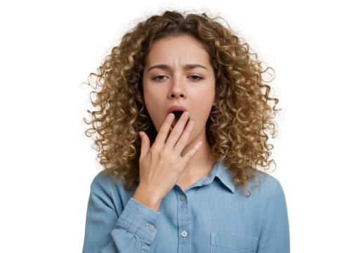 Tired young woman with curly hair yawning isolated on transparent cutout background, cut out, png