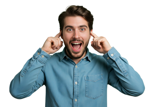 Excited young man plugging his ears and shouting isolated on transparent cutout background, cut out, png