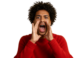 Expressive Man Shouting with Hands Around Mouth isolated on transparent cutout background, cut out, png