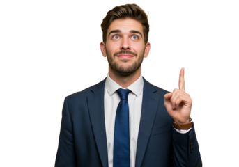 Excited young businessman having a great idea and pointing finger up isolated on transparent cutout background, cut out, png