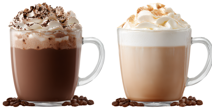 PNG hot chocolate and cappuccino coffee, isolated on a transparent