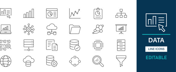 Minimalist line data icons pack. Database, cloud, server, storage, backup, analytics, chart, network, file, folder, binary and editable icons.