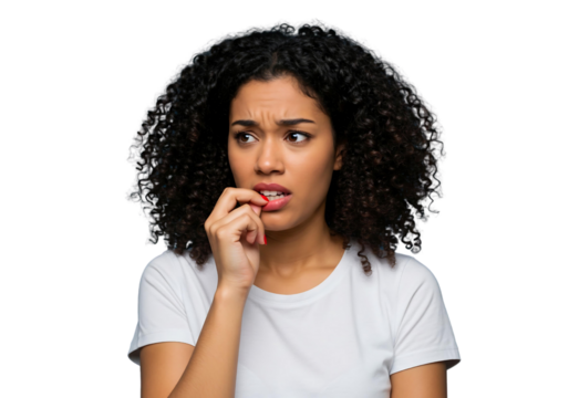 Worried Black Woman with Curly Hair Biting Fingernails isolated on transparent cutout background, cut out, png