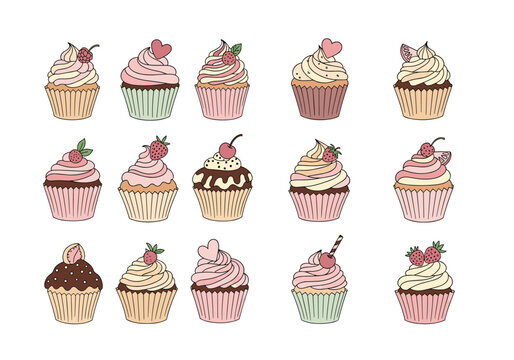 A delightful collection of various iced cupcakes and sweet dessert treats.