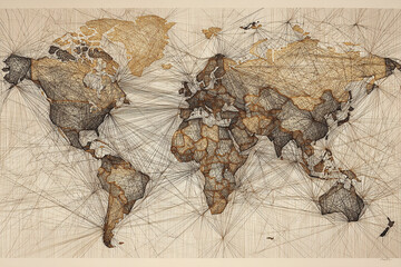 A world map with interconnected lines forming a web of unity and peace across borders.