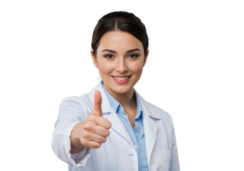 Confident female doctor giving a thumbs up sign of success and approval isolated on transparent cutout background, cut out, png