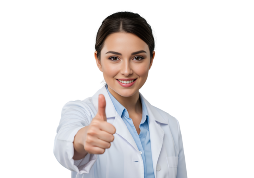 Confident female doctor giving a thumbs up sign of success and approval isolated on transparent cutout background, cut out, png - Powered by Adobe