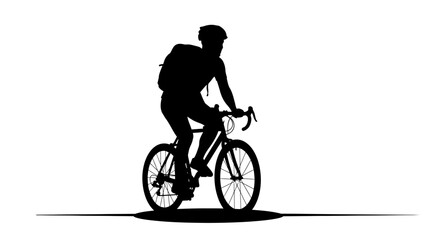 Obraz premium Cyclist riding a road bike with a backpack, captured in a dynamic silhouette against a clean white background.