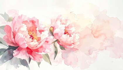 Watercolor Tulip Blossoms in Shades of Pink and White on Delicate Background Decorative Floral Design Botanical Illustration