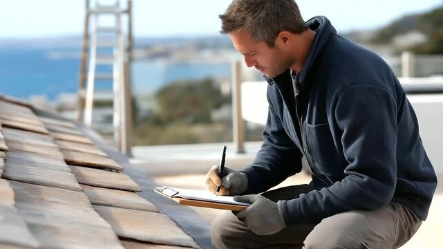 A contractor their clipboard heavy inspects a roof repair job the roof&rsquo;s tiles misaligned. A worker kneels their gloves torn adjusting a tile with a pry bar its metal scratch