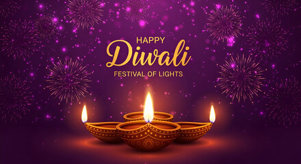 Happy diwali greetings festive background in violet color with fireworks and lamp