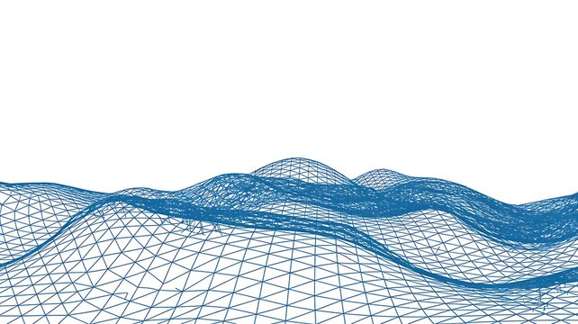 Abstract blue polygonal mesh landscape depicting terrain or geological formations against a white background