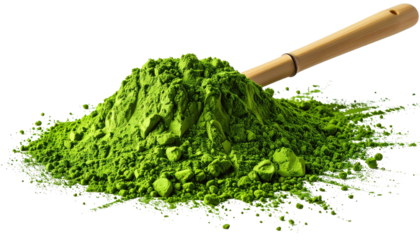 Pile of vibrant green matcha powder with a wooden scoop