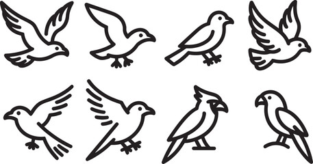Bird Icons Set Featuring Diverse Avian Species in Flight and Perched for Ornithology Designs