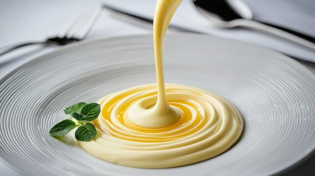 Golden zabaglione cream pouring in perfect spiral formation onto elegant white ribbed ceramic plate premium Italian dessert fine dining presentation