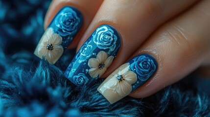 Closeup of detailed floral nail art on fingers,  with blue and cream roses and flowers, on a dark blue fuzzy surface
