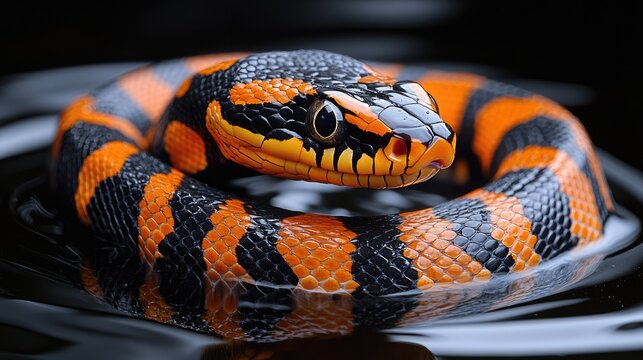 Close-up of coiled snake with orange and black stripes in dark water, dark background