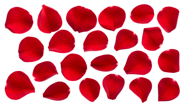Single Red Rose Petals in Motion, Falling Floral Elements for Decoration, Transparent Background PNG