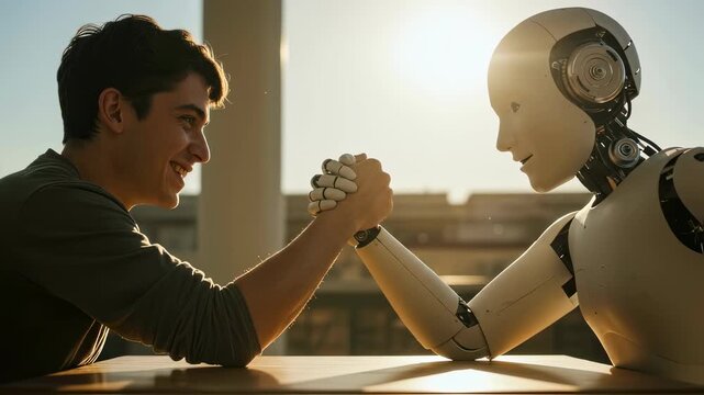 Man and human like robot arm wrestling. Artificial intelligence versus human strength and competition concept. Innovation, digital future footage.