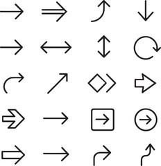 Arrow icons set,black arrow icons,unique arrows,uniform thin stroke outline,isolated minimal vector design for direction navigation projects