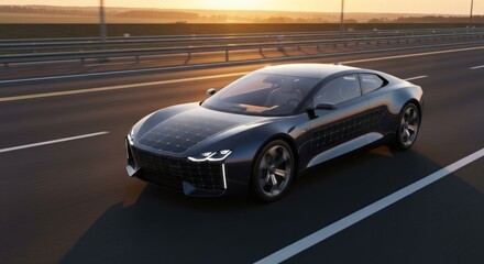 Obraz premium Dark electric car on highway at sunset