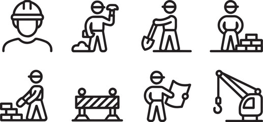 Construction Worker Icons Set Outline Style. Builder, Hammer, Shovel, Bricks, Barrier, Crane, Plan