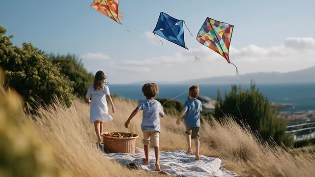 A group of kids flies kites on a windy hill with strings tugging colorful shapes soaring a picnic basket open and grass swaying shown in a breezy photo with kite patterns