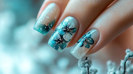 Close-up of manicured nails with floral design, blurred background of white flowers