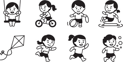 Delightful Children's Playtime Vector Illustration Featuring Kids Swinging, Biking, Playing Ball, and Jumping