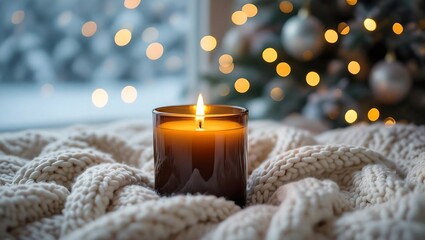 candlelit glow spilling over cozy knit textures, blurred snow in background, cinematic holiday lighting