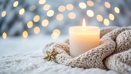 candlelit glow spilling over cozy knit textures, blurred snow in background, cinematic holiday lighting