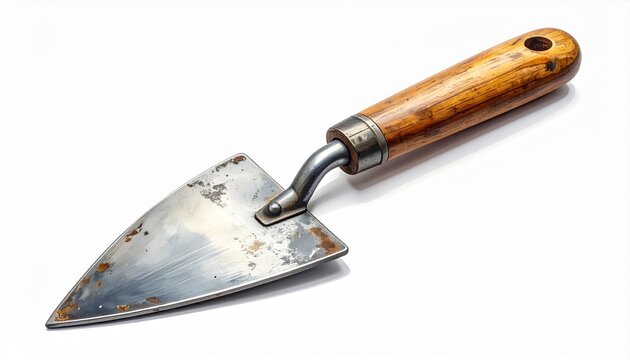 Rusty garden trowel with wooden handle.