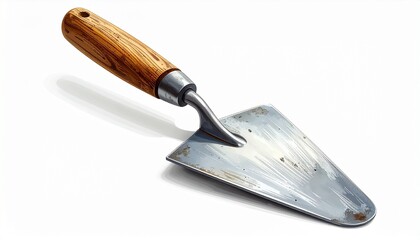 Metal hand trowel with wooden handle on white background