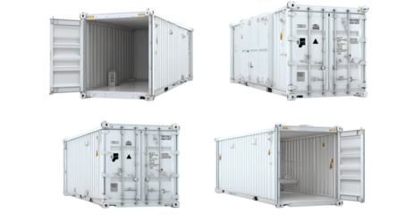 transparent background white cargo container with door open, different angles