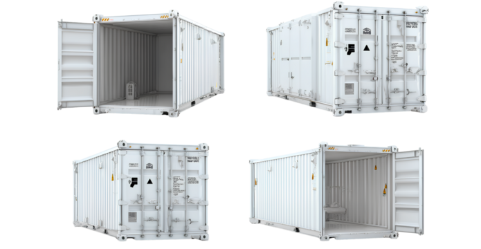 transparent background white cargo container with door open, different angles
