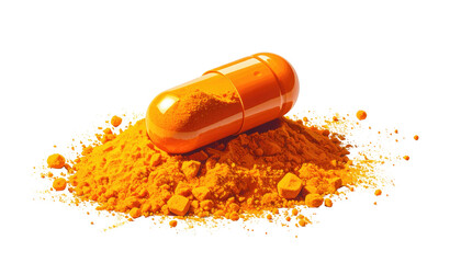 Orange capsule atop turmeric powder