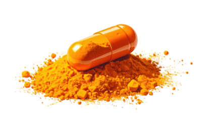 Orange capsule atop turmeric powder