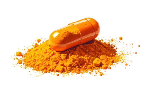 Orange capsule atop turmeric powder