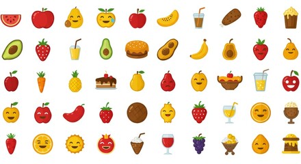 Food and Fruit Emoji Vector Icons Set with Vegetables, Cakes, Drinks, Stickers, and Flat Emoticon Collection for Digital Illustration