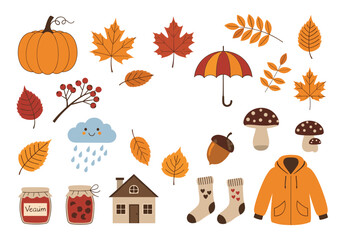 Cute autumn elements collection featuring pumpkins leaves and rain.