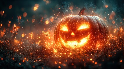 Naklejka premium Glowing Jack-o'-lantern in spooky forest.