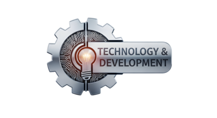 Gear with lightbulb and text technology development, isolated on transparent background