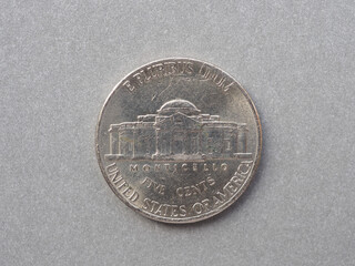 5 cent coin reverse showing Monticello, currency of the USA