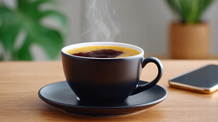 Instant coffee in black cup on wooden table with steam rising, symbolizing growth in asia and africa, warm and inviting atmosphere
