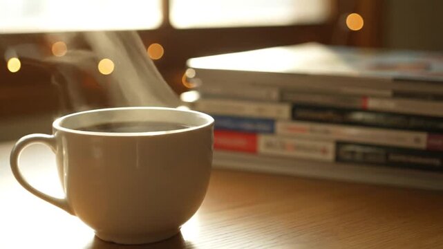 Steaming coffee cup near window with stack of magazines